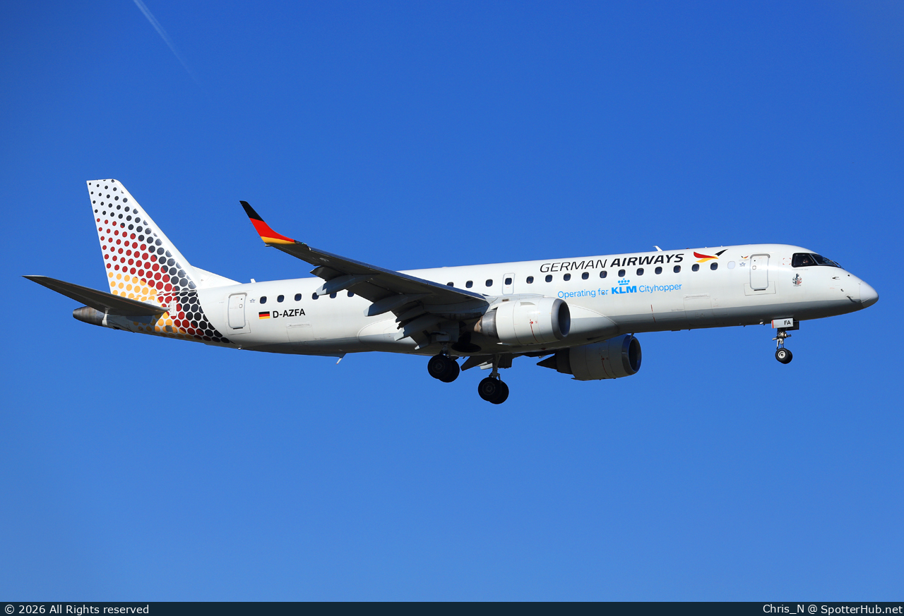 Photo of D-AZFA - Embraer ERJ-190LR operated by KLM Cityhopper (opb German Airways)